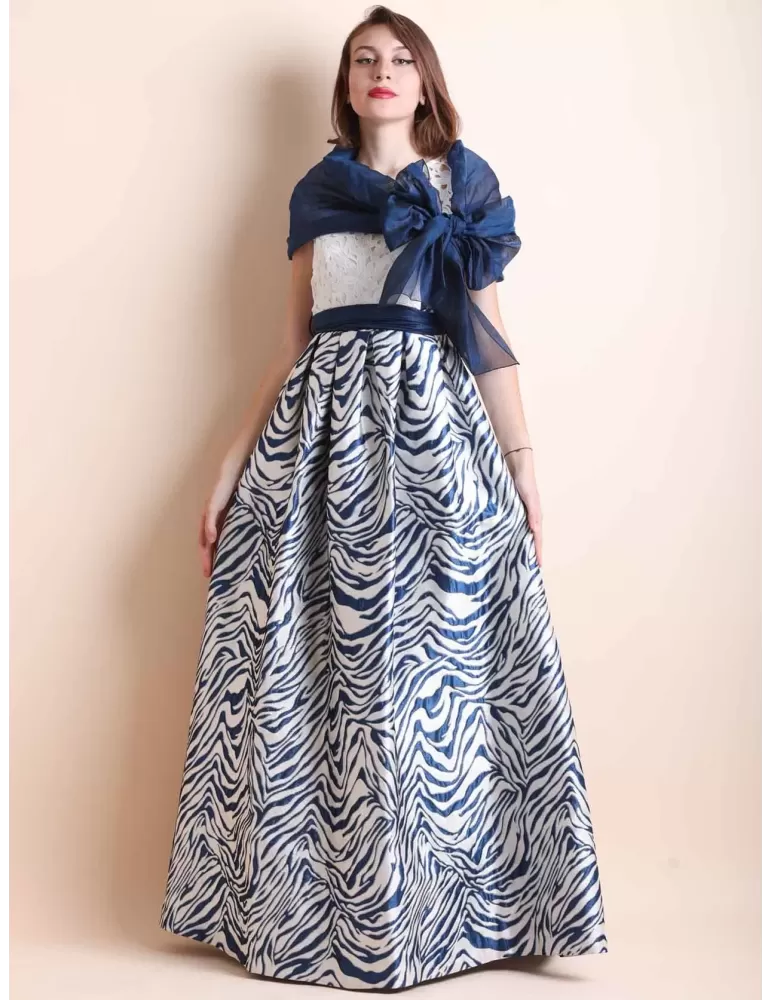 Sonia Pena white and blue lace and brocade prom dress