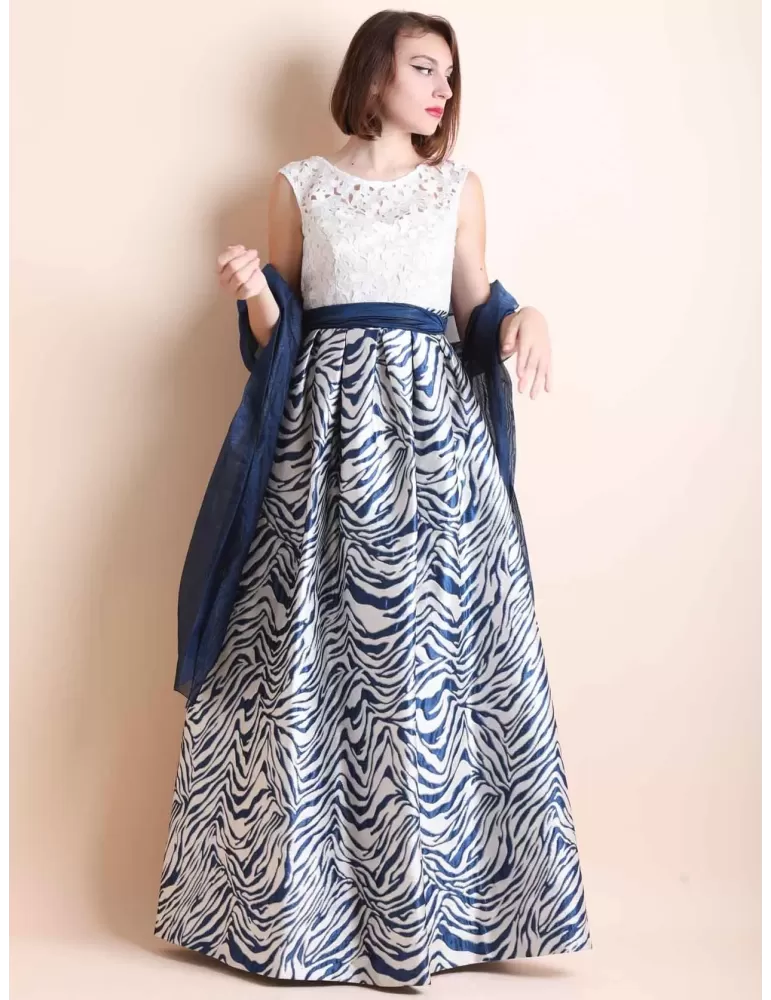 Sonia Pena white and blue lace and brocade prom dress