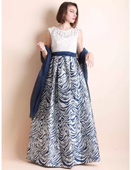 Sonia Pena 1190215 Blue lace long organza sand gold lurex dress