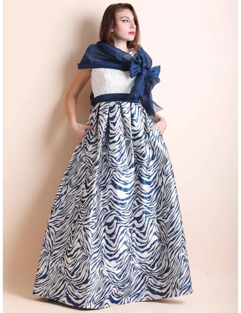 Sonia Pena 1190215 Blue lace long organza sand gold lurex dress Sonia Pena 1190215 Blue lace long organza sand gold lurex dress