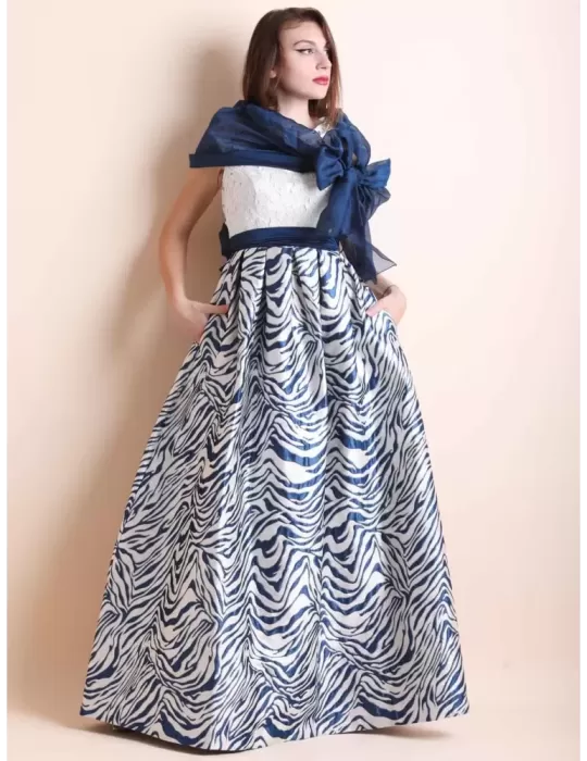 Sonia Pena 1190215 Blue lace long organza sand gold lurex dress Sonia Pena 1190215 Blue lace long organza sand gold lurex dress