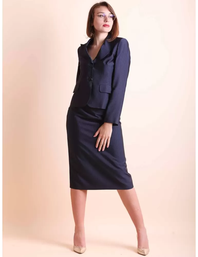 Abbracciavento Outlet | Tailleur seta gessato blu giacca e gonna Hella
