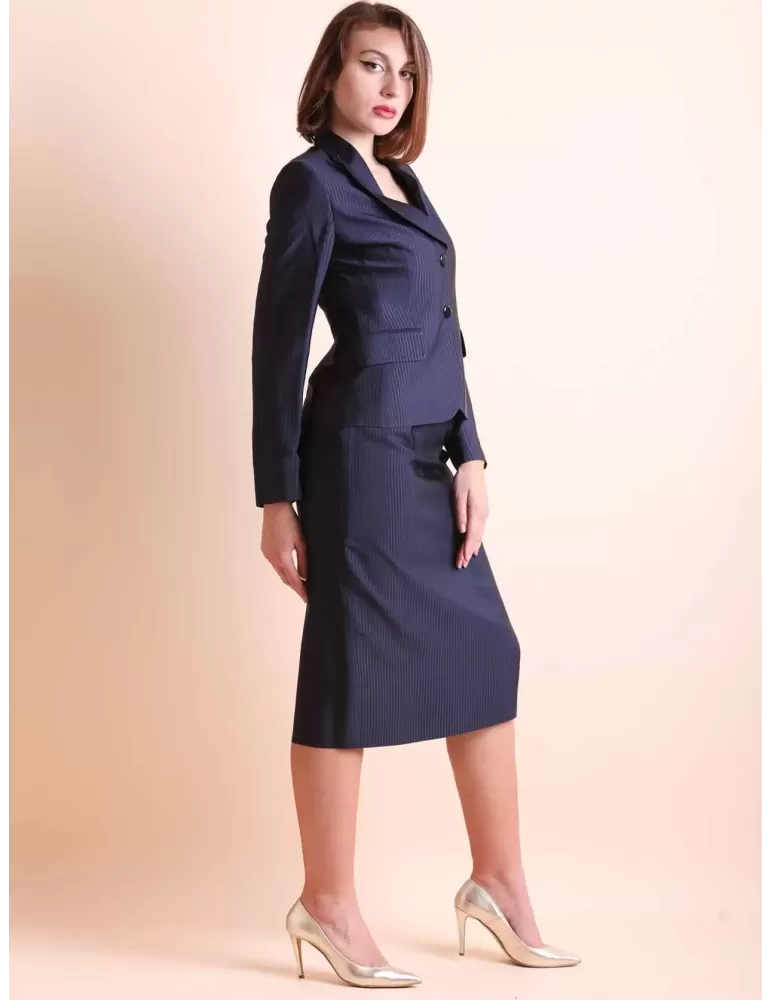Dark blue beautiful jacket and skirt silk striped suit