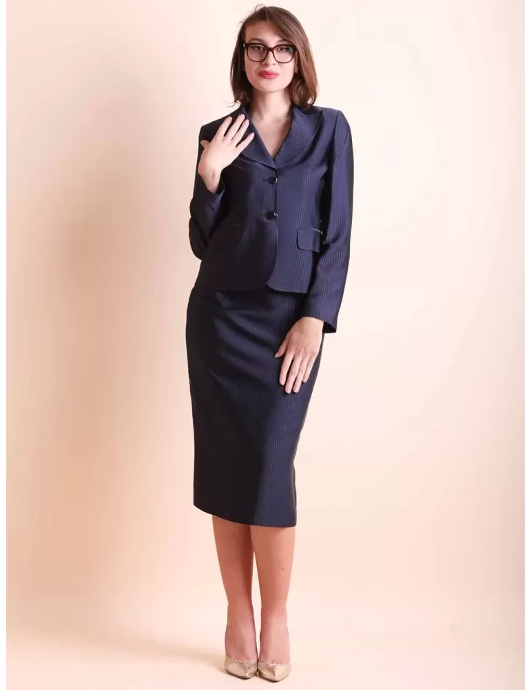 Abbracciavento Outlet | Tailleur seta gessato blu giacca e gonna Hella Abbracciavento Outlet | Tailleur seta gessato blu giacca e gonna Hella