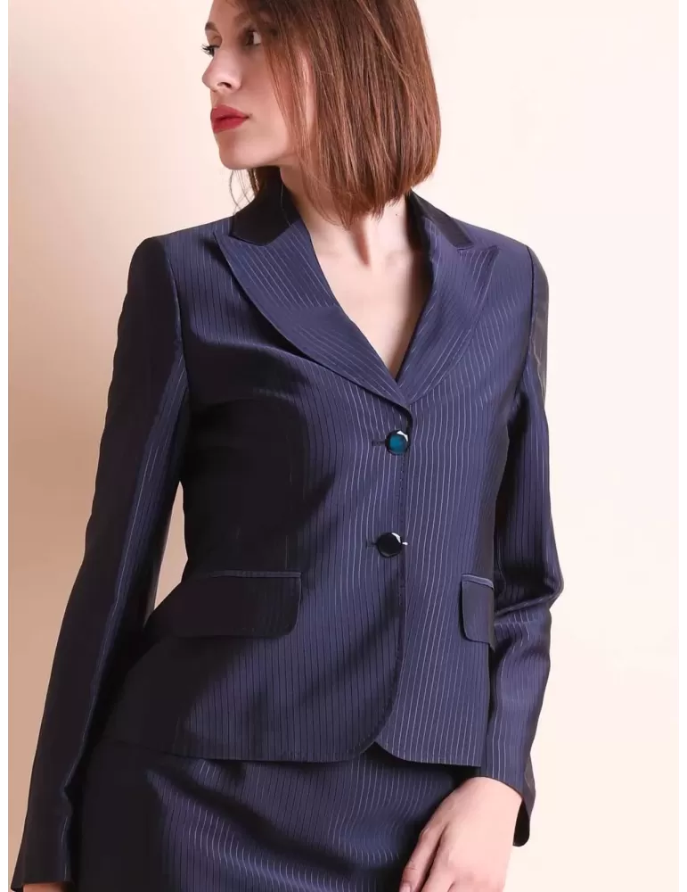 Dark blue beautiful jacket and skirt silk striped suit