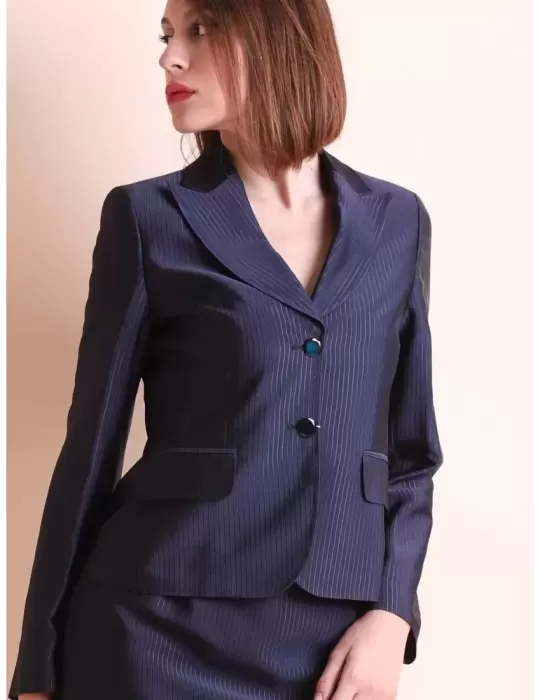 Abbracciavento Outlet | Tailleur seta gessato blu giacca e gonna Hella