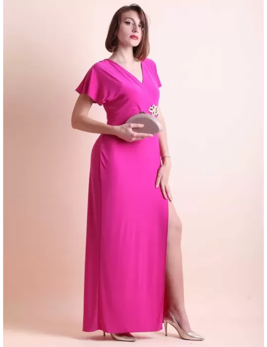 Fuchsia long sheath dress with front split by Casting