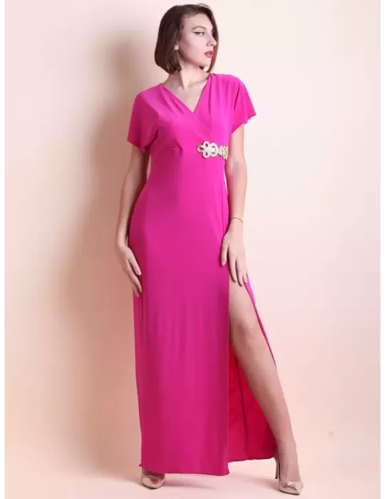 Fuchsia long sheath dress with front split by Casting