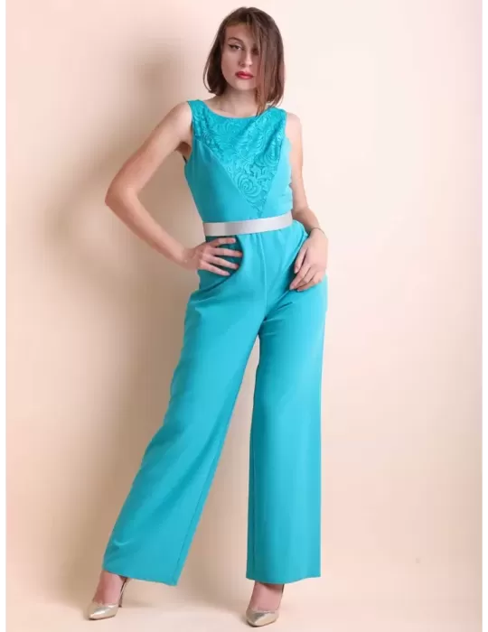 Tuta elegante in cady turchese con inserti di pizzo Casting tg 50