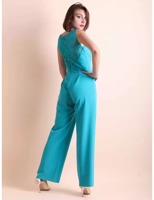 Tuta elegante in cady turchese con inserti di pizzo Casting tg 50
