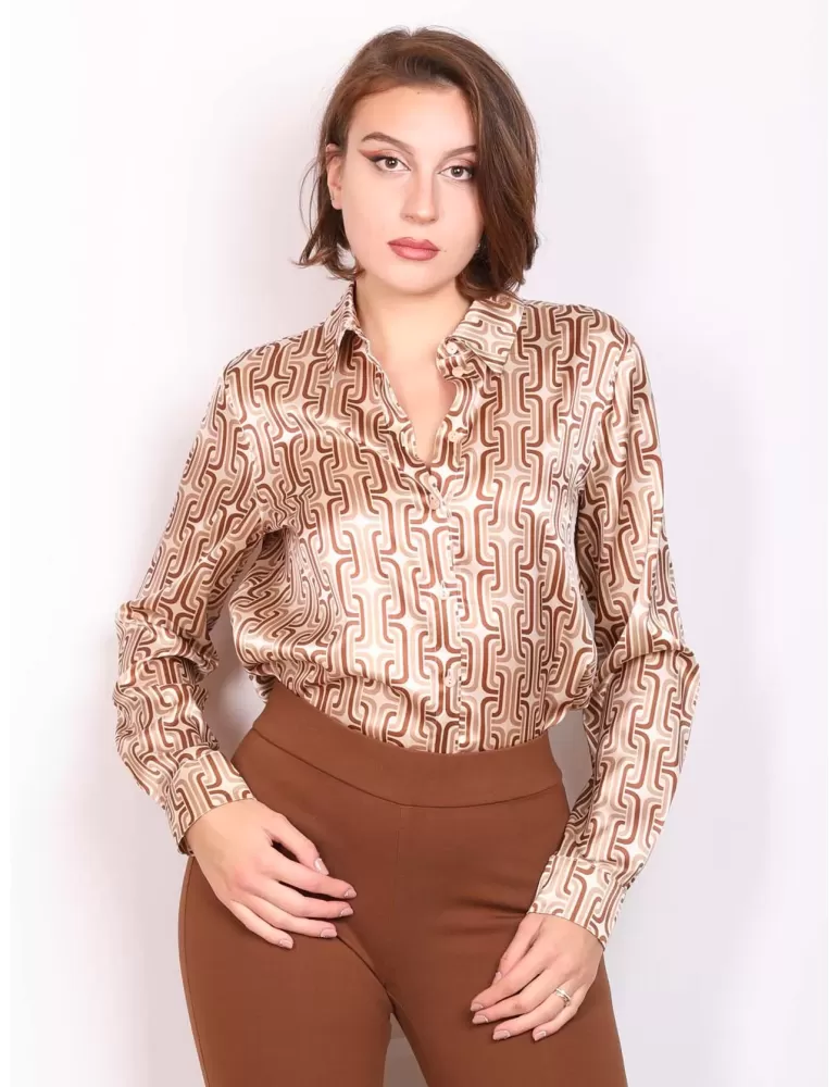 Riva Tricot Italy | Beige and brown plus size vintage silk satin shirt