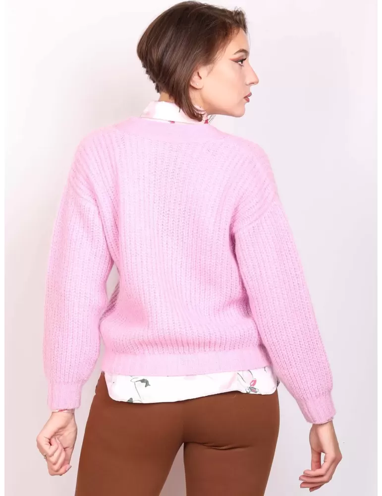 Volpato Maglieria | Cardigan grosso rosa in lana mohair tre bottoni