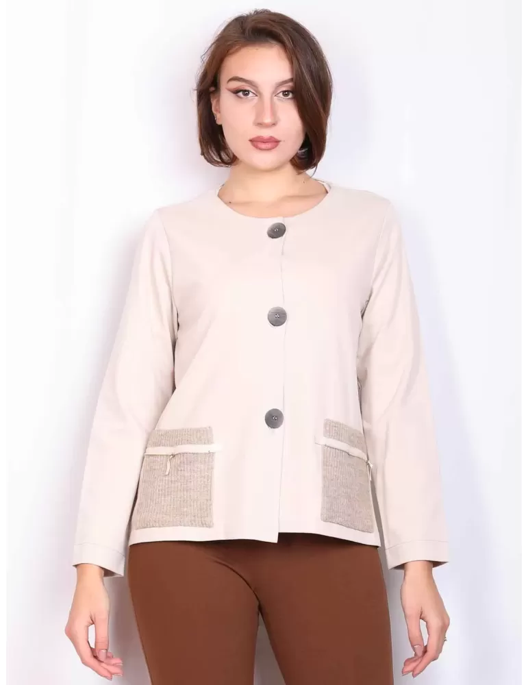 Rubamori beige round neck A-shape jacket knitted pockets Rubamori beige round neck A-shape jacket knitted pockets