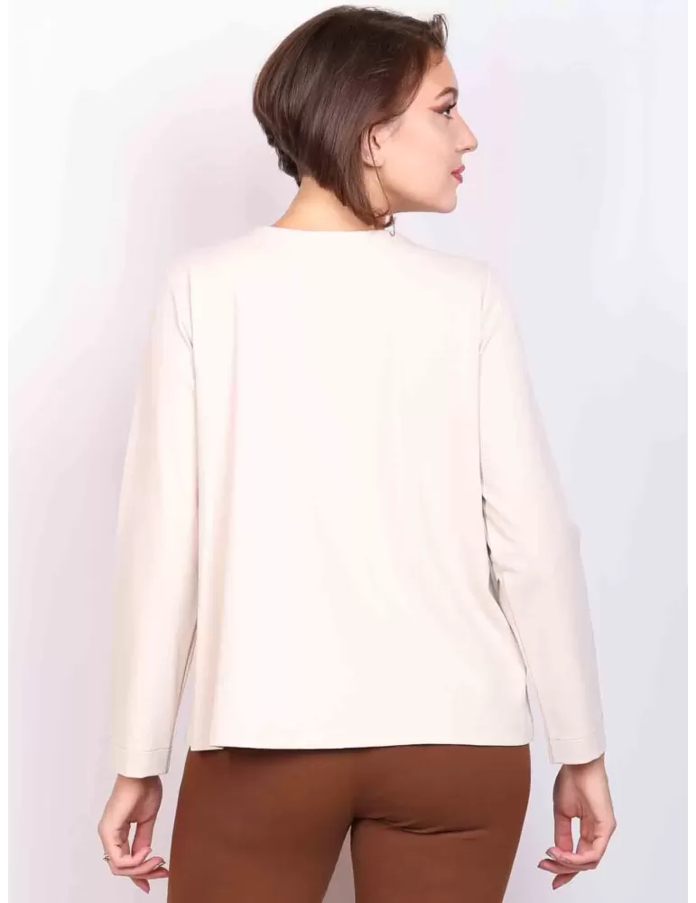 Rubamori beige round neck A-shape jacket knitted pockets