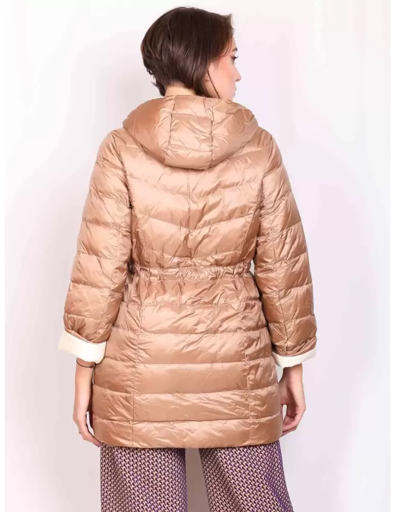 Pregio Couture silk beige plus size long down jacket with hood