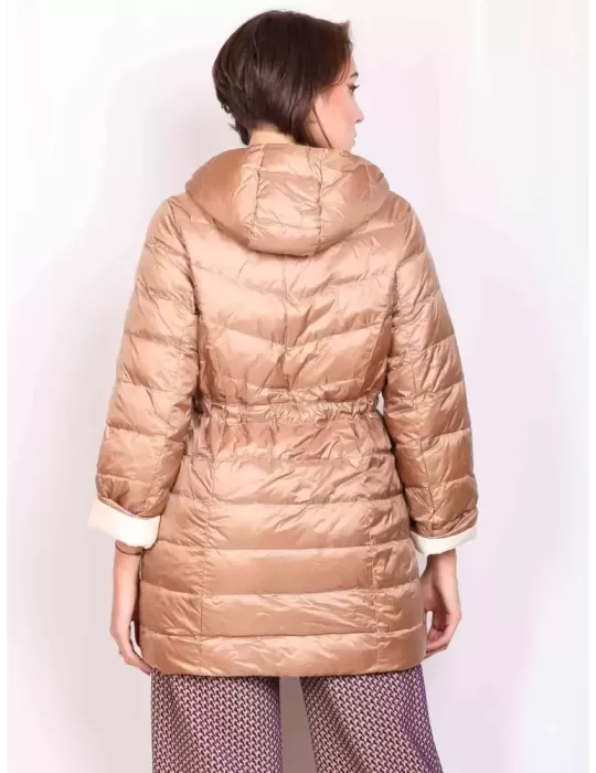 Pregio Couture Italy | Silk beige plus size long down jacket with hood