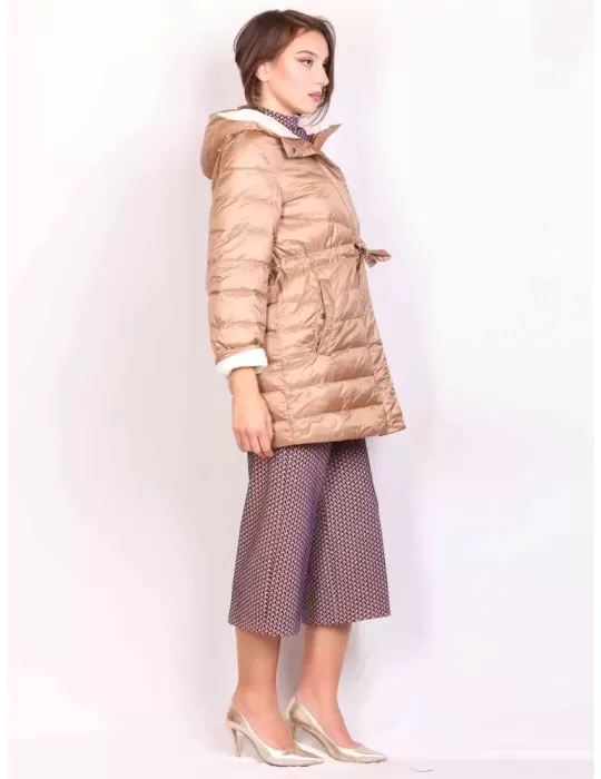 Pregio Couture Italy | Silk beige plus size long down jacket with hood