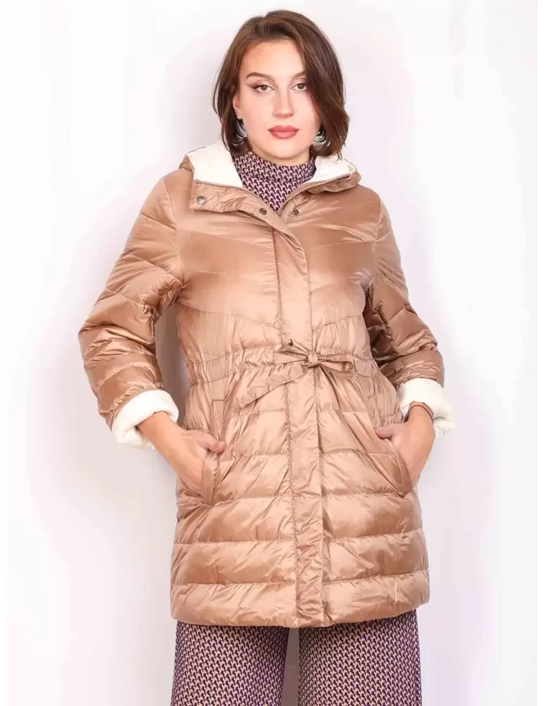 Pregio Couture silk beige plus size long down jacket with hood Pregio Couture silk beige plus size long down jacket with hood