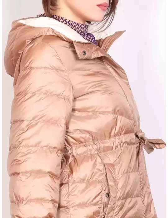 Pregio Couture Italy | Silk beige plus size long down jacket with hood