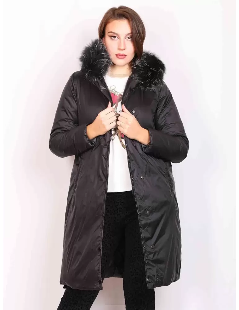 Pregio Couture black reversible long down hooded coat