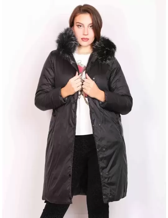 Pregio Couture Italy | Black reversible long down hooded coat