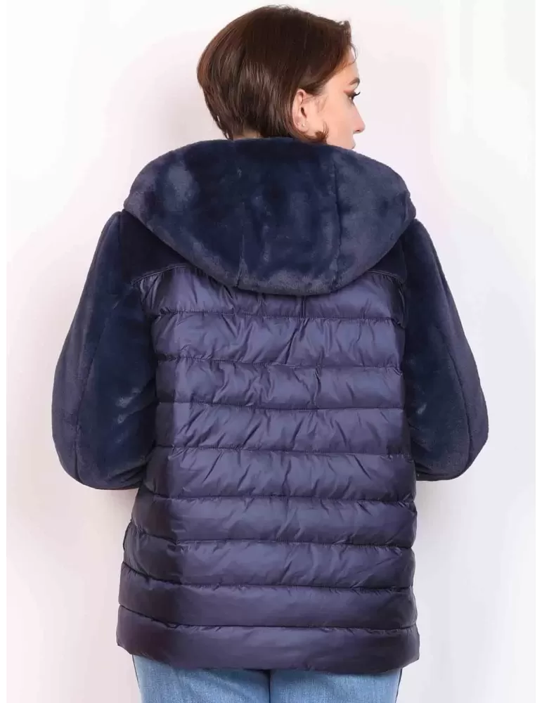 Blue faux fur elegant duvet hooded jacket with rhinestones