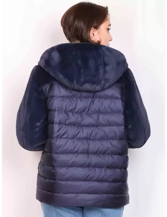 Pregio Couture Italy | Black fur duvet hooded jacket with rhinestones