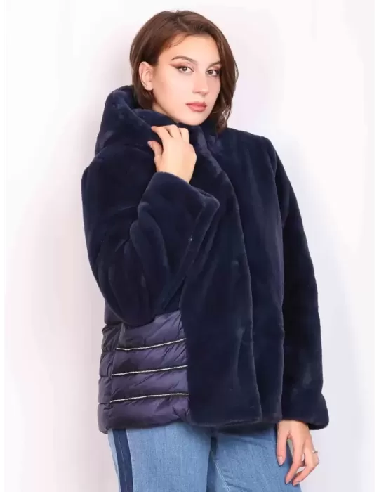 Blue by Pregio Couture | Giacca piumino pelliccia cappuccio e strass