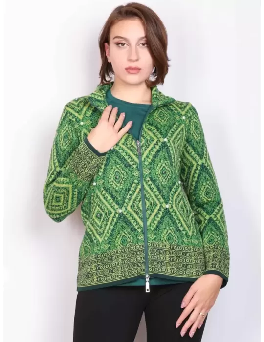 Giacca giubbino con zip e perle verde jacquard Francesca Mercuriali