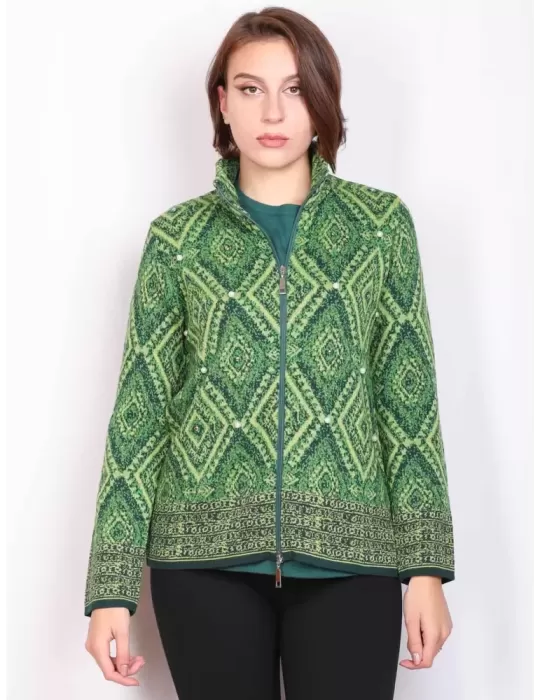 Giacca giubbino con zip e perle verde jacquard Francesca Mercuriali Giacca giubbino con zip e perle verde jacquard Francesca Mercuriali