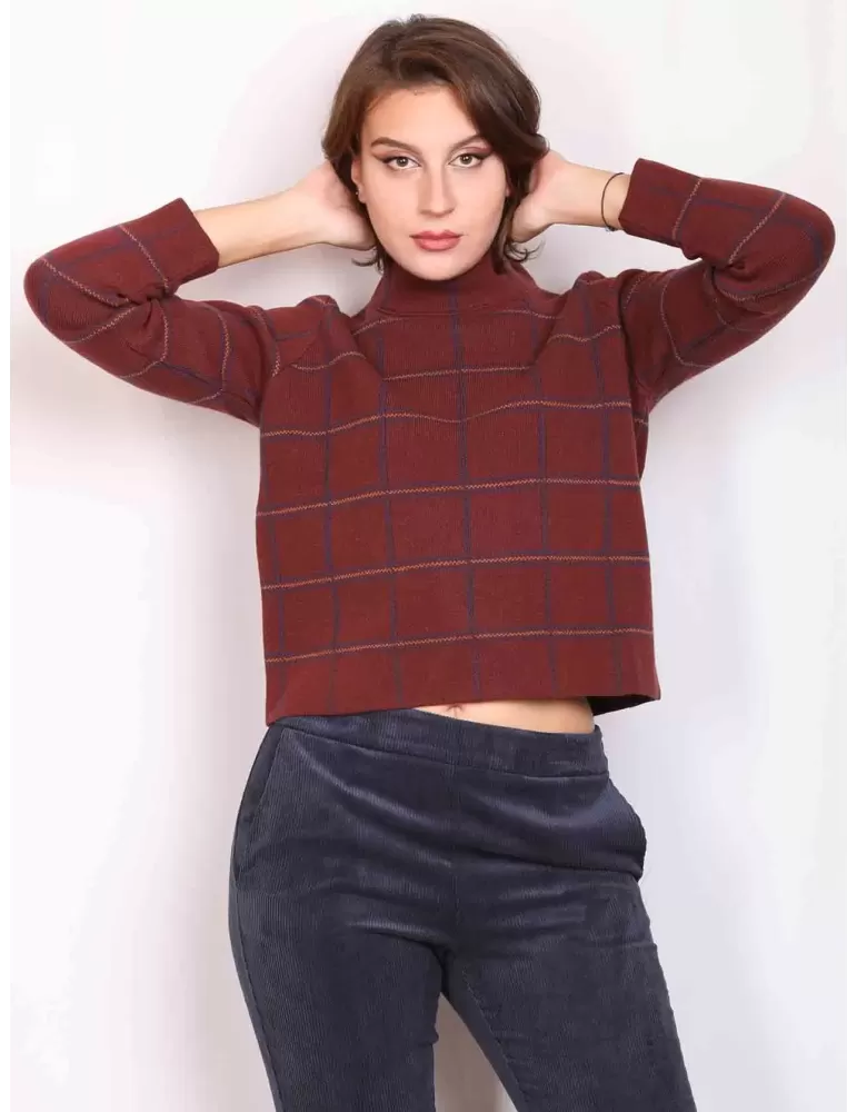 Frida Madè brown and blue cashmere plaid turtleneck sweater