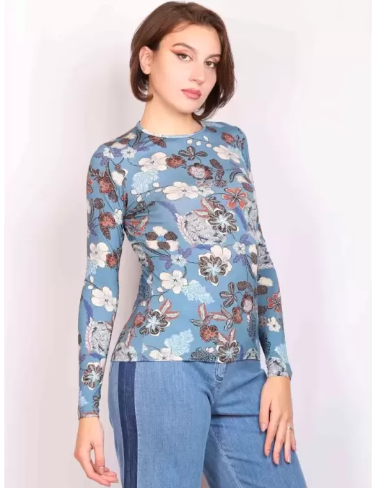 Rubamori online | Maglia t-shirt celeste a fiori marrone