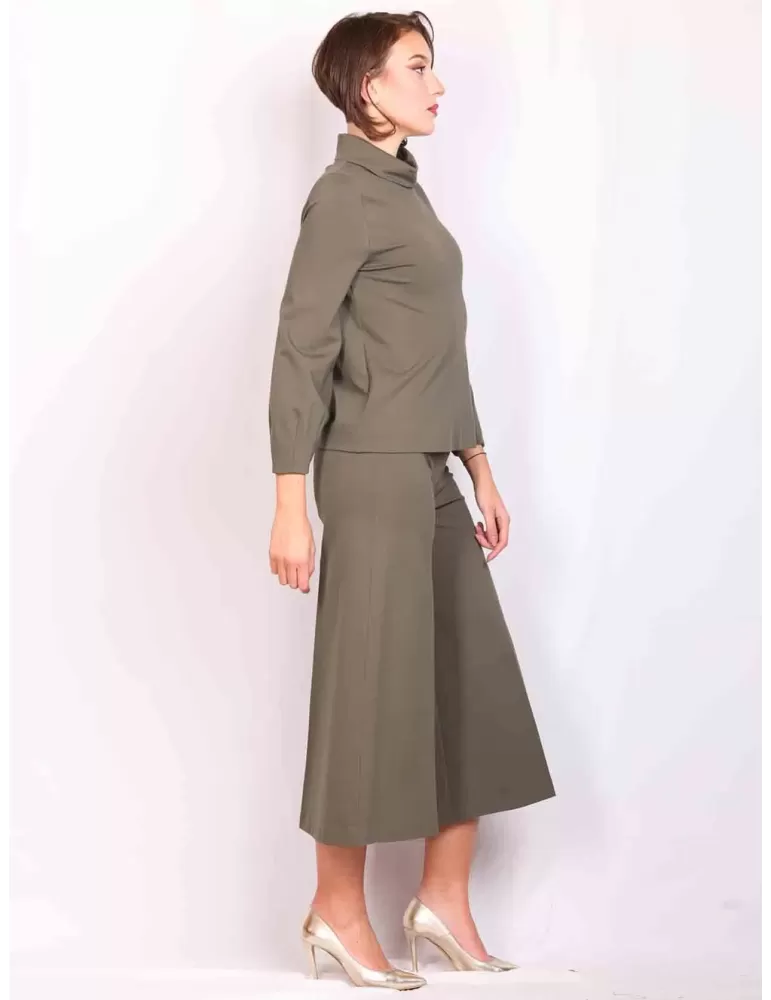 Military green jersey trouser skirt and blouse jumpsuit set