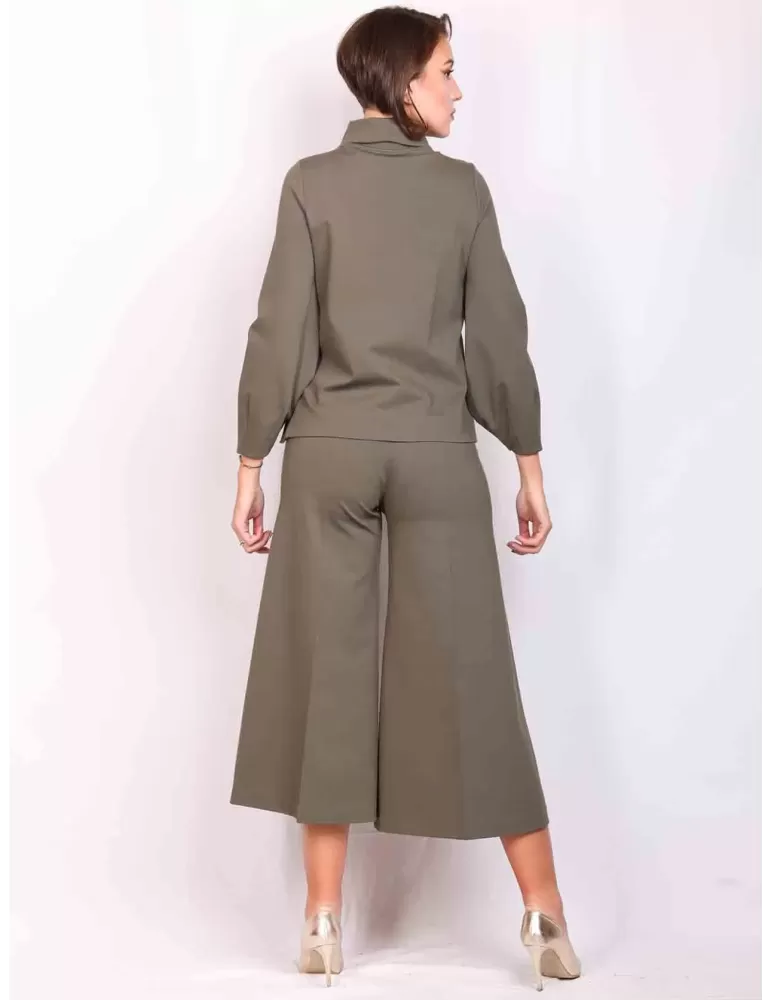 Amethist Italy | Military green jersey trouser skirt and blouse set
