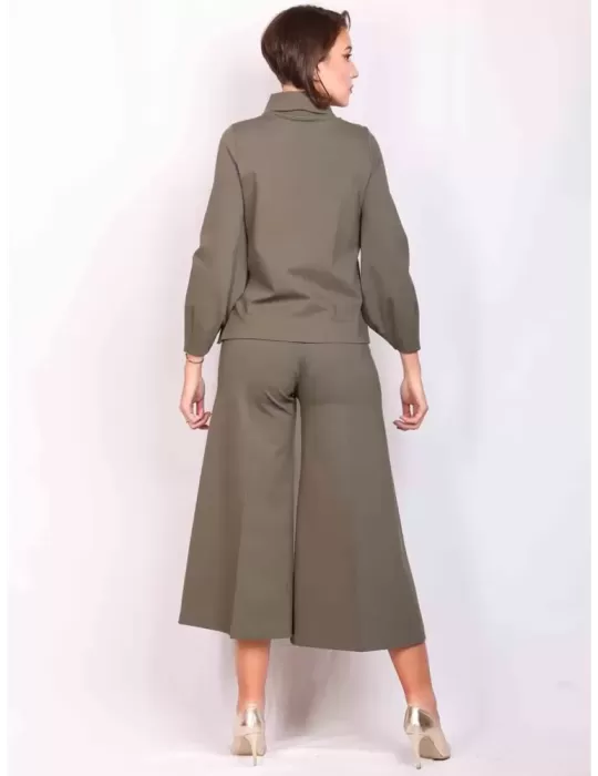 Amethist Italy | Military green jersey trouser skirt and blouse set