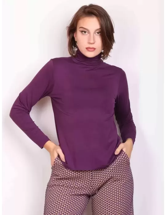 Amethist Italy | Purple viscose turtleneck t-shirt long sleeves Amethist Italy | Purple viscose turtleneck t-shirt long sleeves