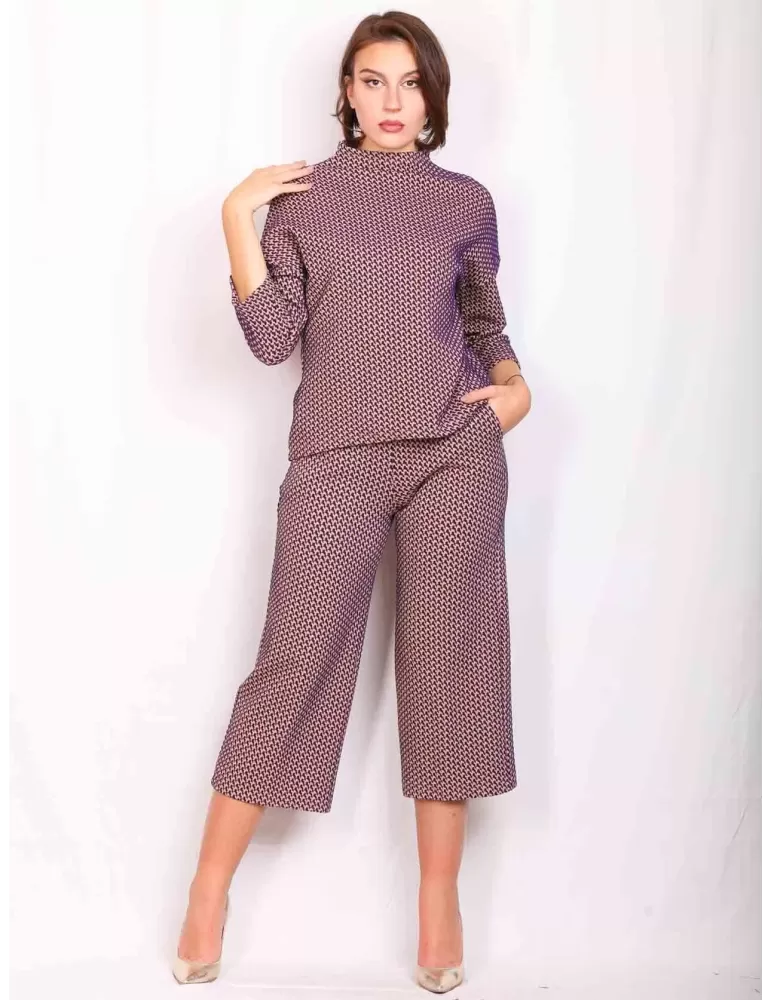 Amethist online | Maglia lupetto kimono tuta jacquard beige e viola