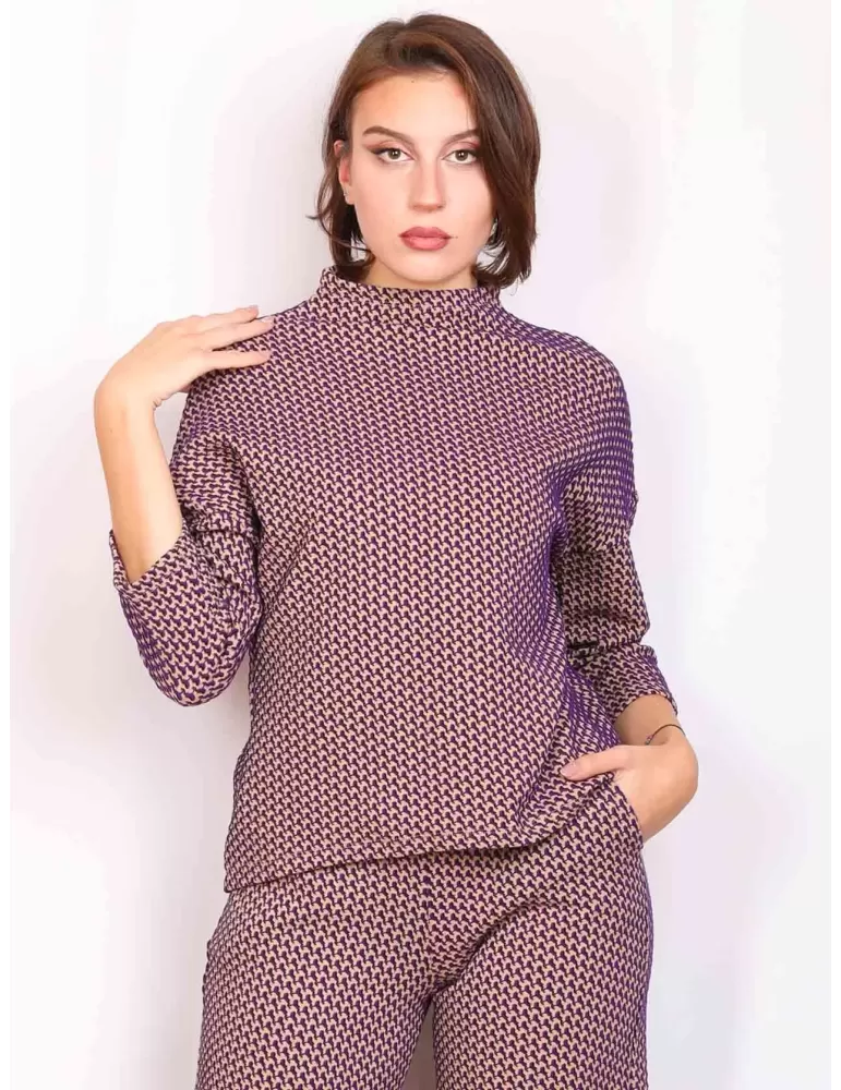 Amethist online | Maglia lupetto kimono tuta jacquard beige e viola Amethist online | Maglia lupetto kimono tuta jacquard beige e viola