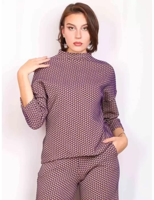 Amethist online | Maglia lupetto kimono tuta jacquard beige e viola Amethist online | Maglia lupetto kimono tuta jacquard beige e viola