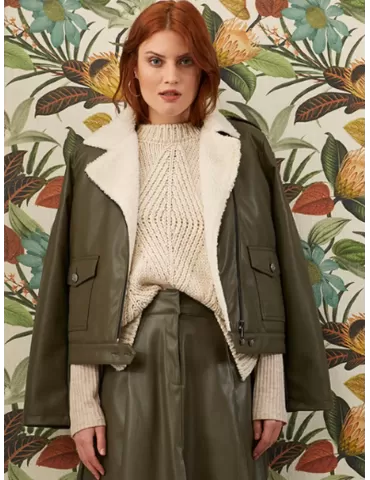 Paz Torras green faux leather jacket with white fur neck