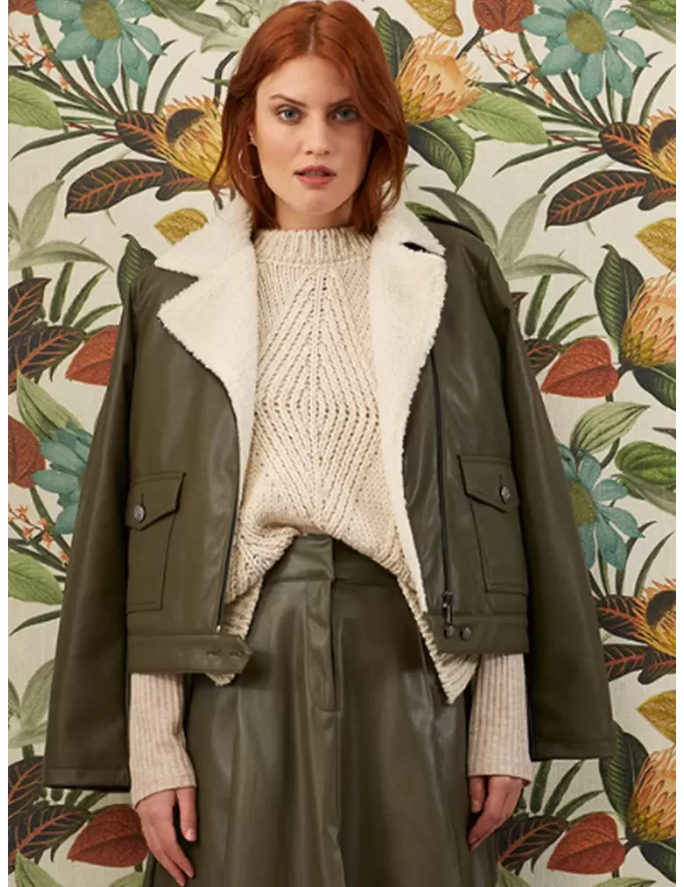 Paz Torras green faux leather jacket with white fur neck Paz Torras green faux leather jacket with white fur neck