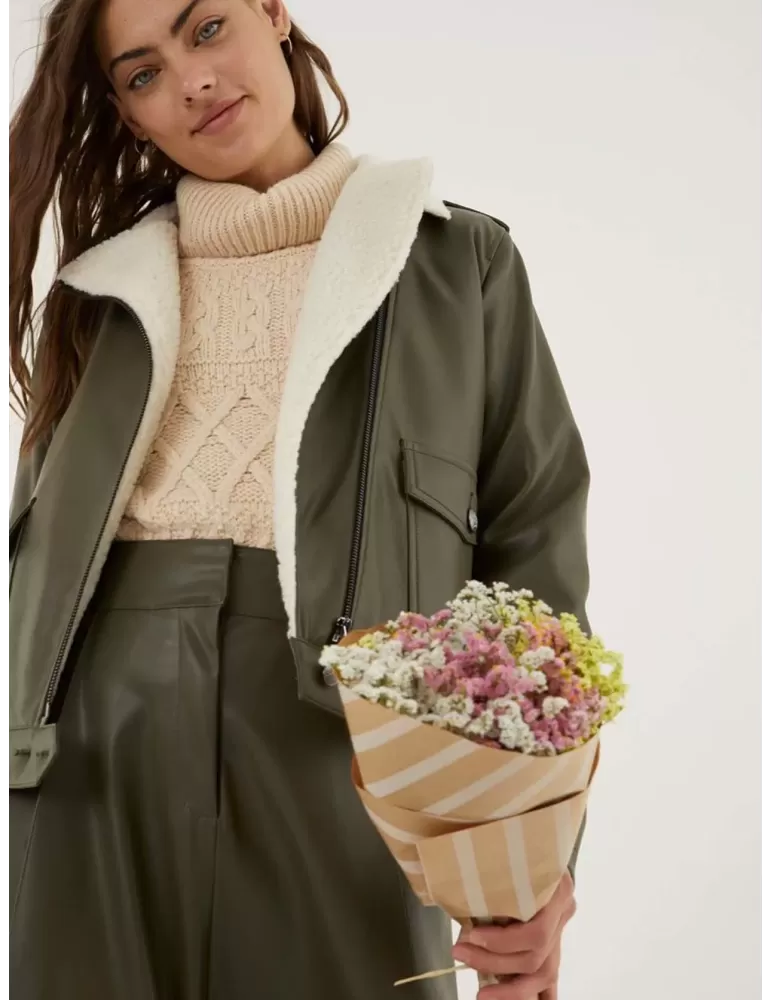 Paz Torras green faux leather padded jacket with white fur neck