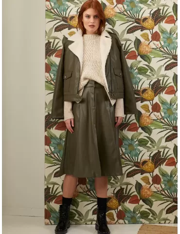 Paz Torras faux leather green midi A shape skirt front split 2