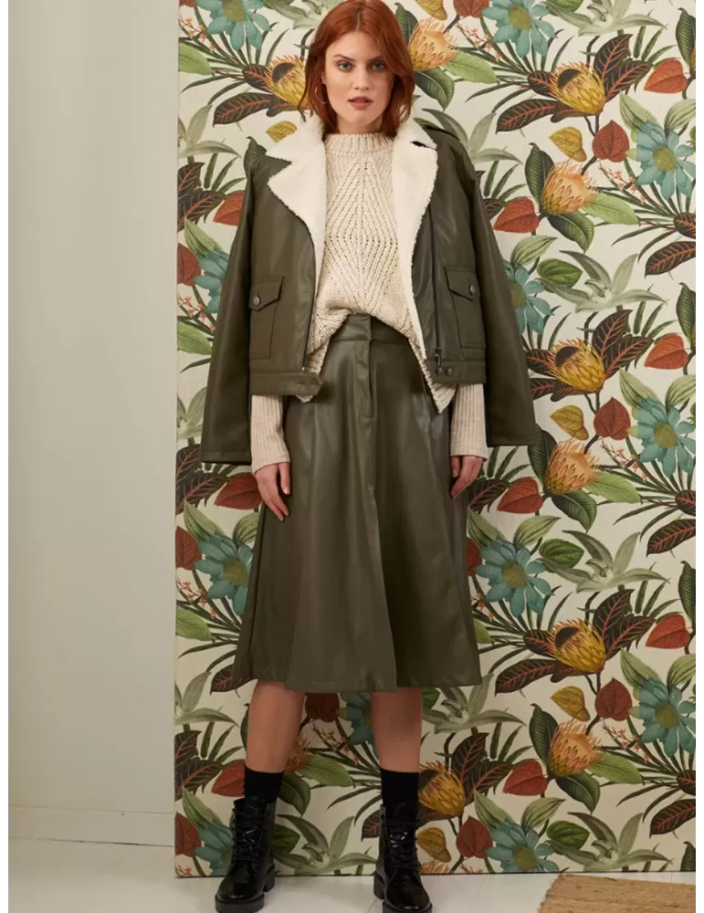 Paz Torras faux leather green midi A shape skirt front split