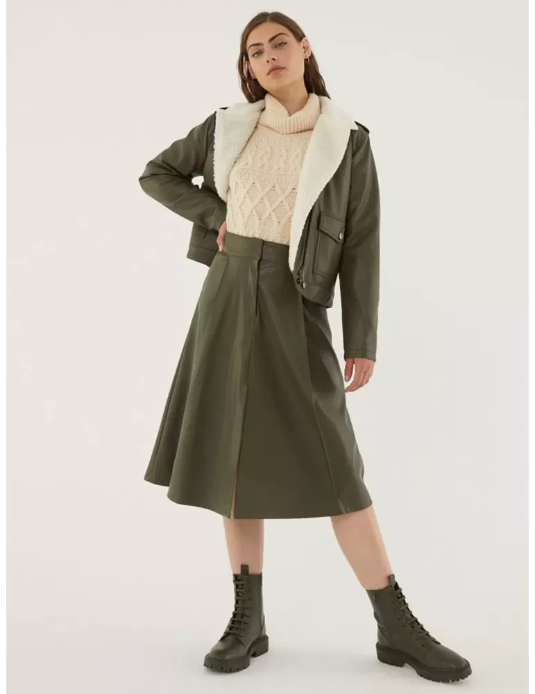 Paz Torras faux leather green midi A shape skirt front split