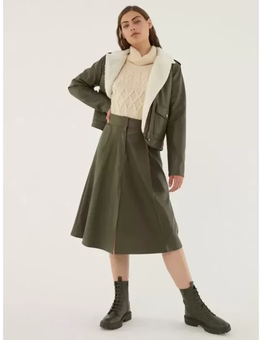 Paz Torras faux leather green midi A shape skirt front split
