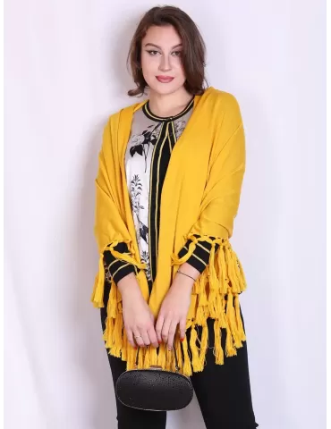 Yellow merino wool maxi tippet cape scarf with fringes 2