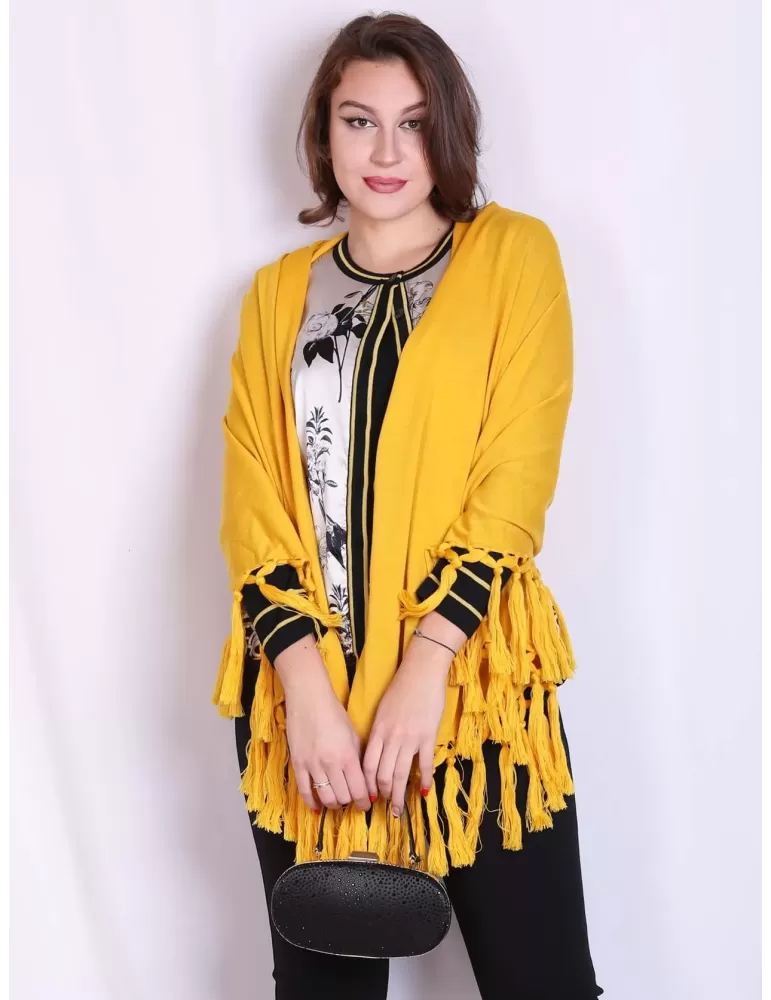 Shop online yellow finest merino wool maxi tippet cape scarf with fringes