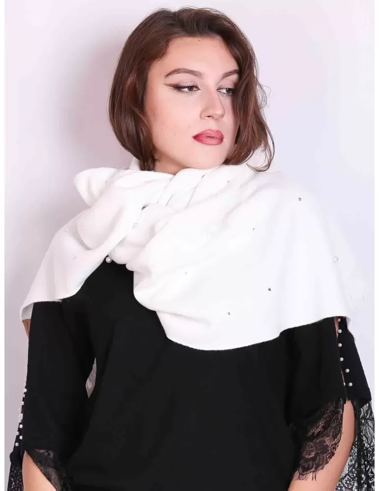 Francesca Mercuriali Italy | White wool scarf pearls and rhinestones