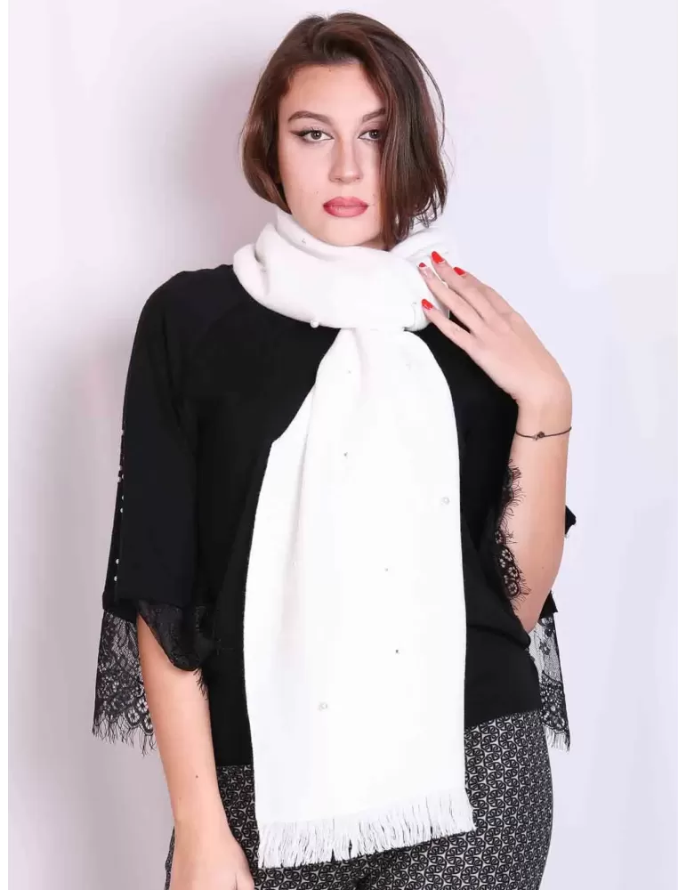 Francesca Mercuriali Italy | White wool scarf pearls and rhinestones Francesca Mercuriali Italy | White wool scarf pearls and rhinestones